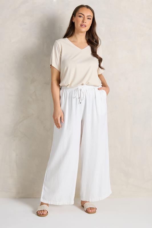 EVANS Plus Size White Wide Leg Premium Linen Trousers | Evans 2