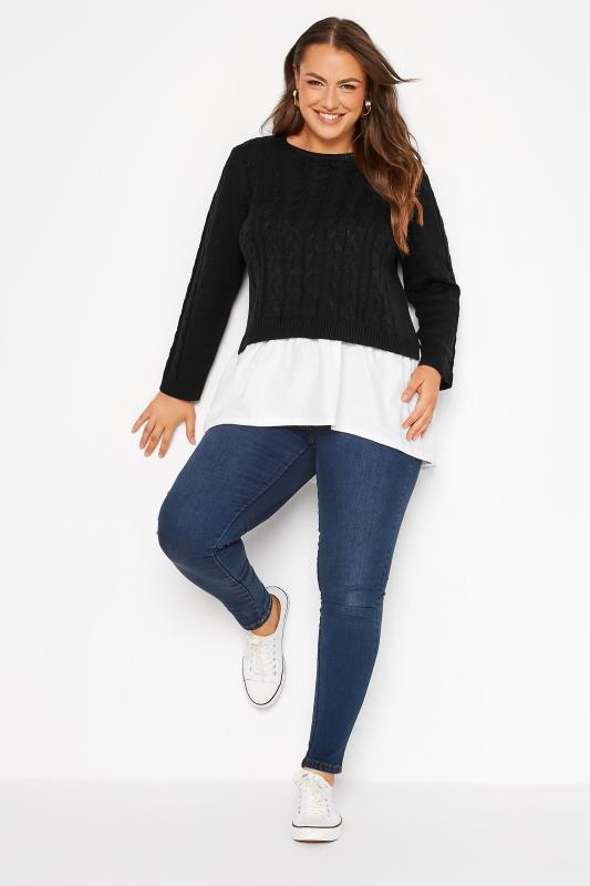 Plus Size Curve Black 2 In 1 Poplin Hem Cable Knitted Jumper | Yours Clothing 2