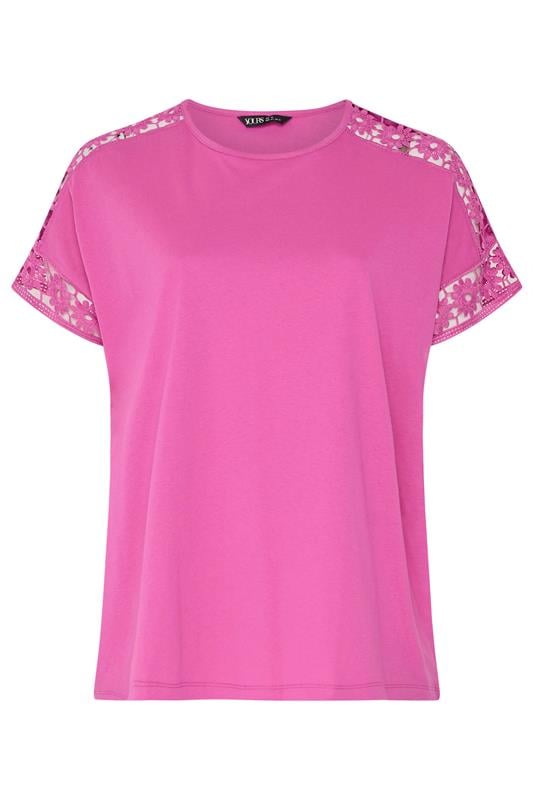 YOURS Curve Pink Crochet Sleeve Boxy T-Shirt | Yours Clothing 5