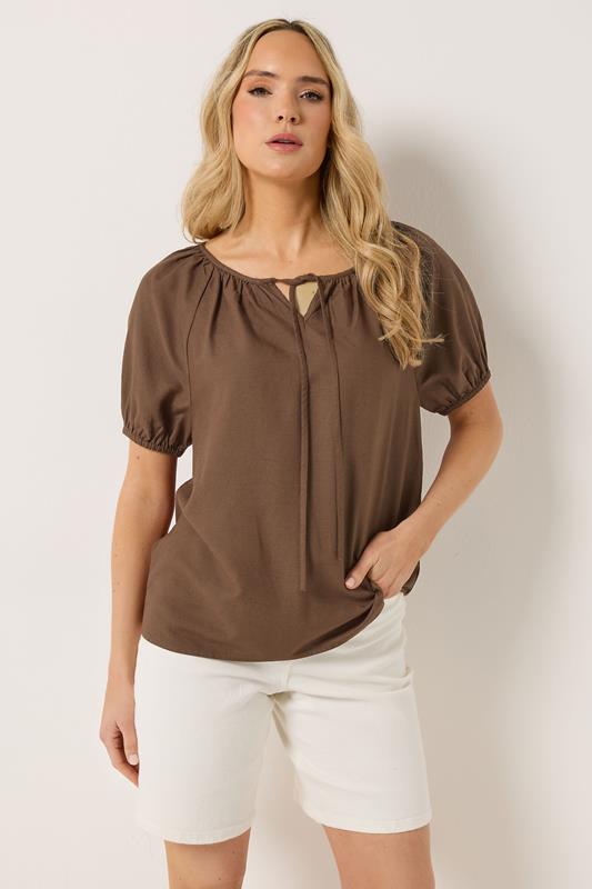 LTS Tall Women's Chocolate Brown Tie Front Linen Blouse | Long Tall Sally 1