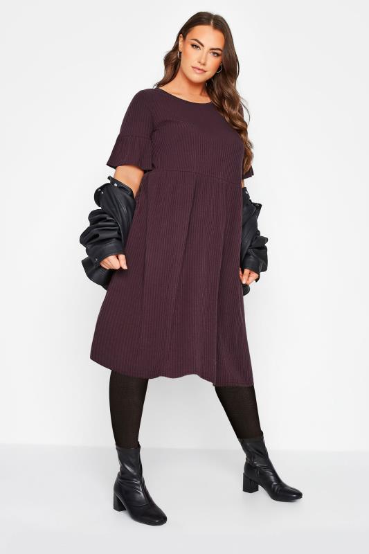 Plus Size  YOURS Curve Plum Purple Ribbed Smock Dress