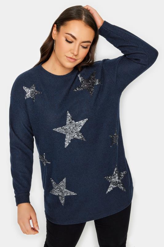 YOURS LUXURY Plus Size Blue Star Sequin Sweatshirt | Yours Clothing 1