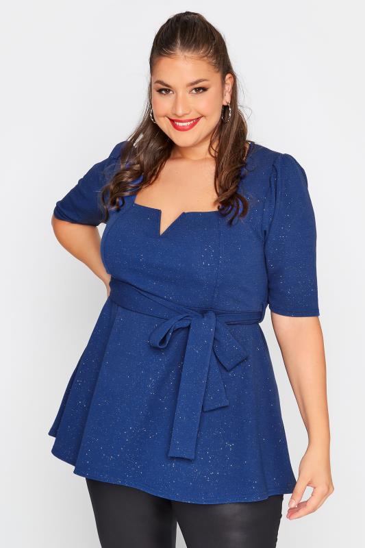 YOURS LONDON Plus-Size Curve Blue Glitter Peplum Top | Yours Clothing 1