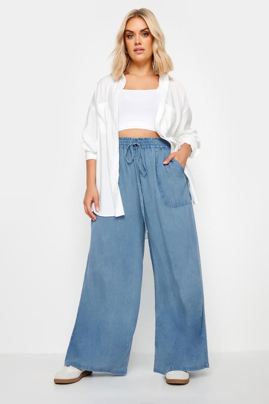 YOURS Plus Size Blue Chambray Wide Leg Trousers | Yours Clothing 3