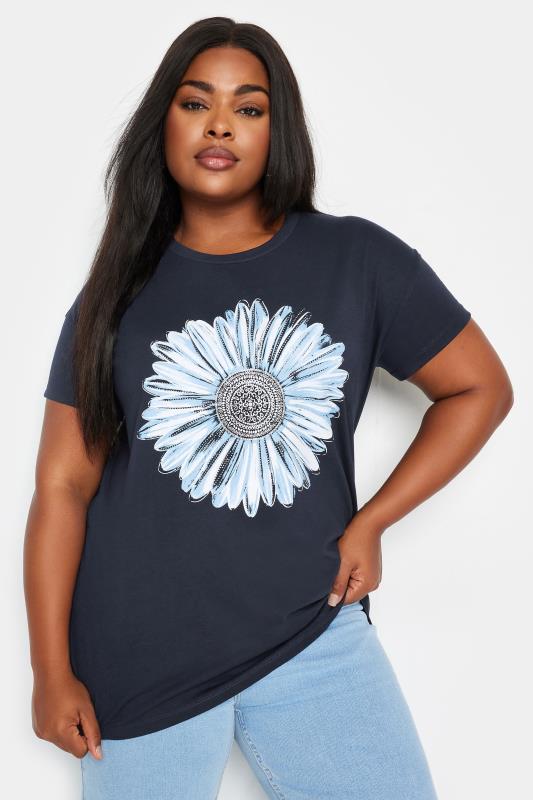  YOURS Curve Navy Blue Stud Floral Print T-Shirt