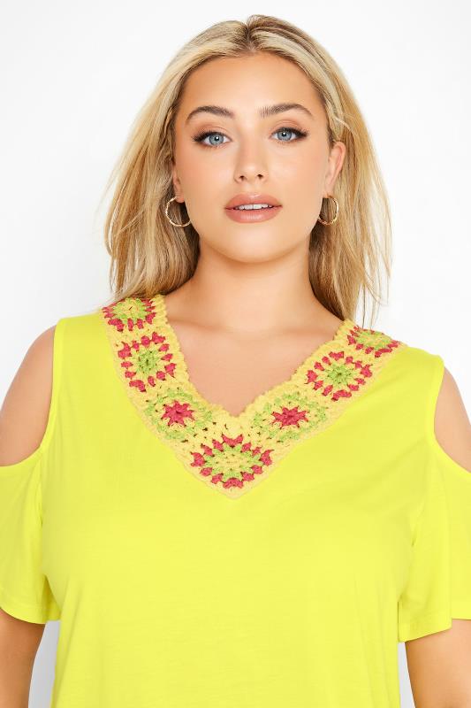 Plus Size Yellow Crochet Neckline Cold Shoulder Top | Yours Clothing 4
