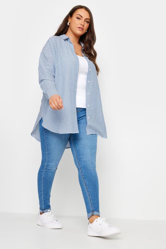 YOURS Plus Size Blue Pinstripe Linen Shirt | Yours Clothing  2