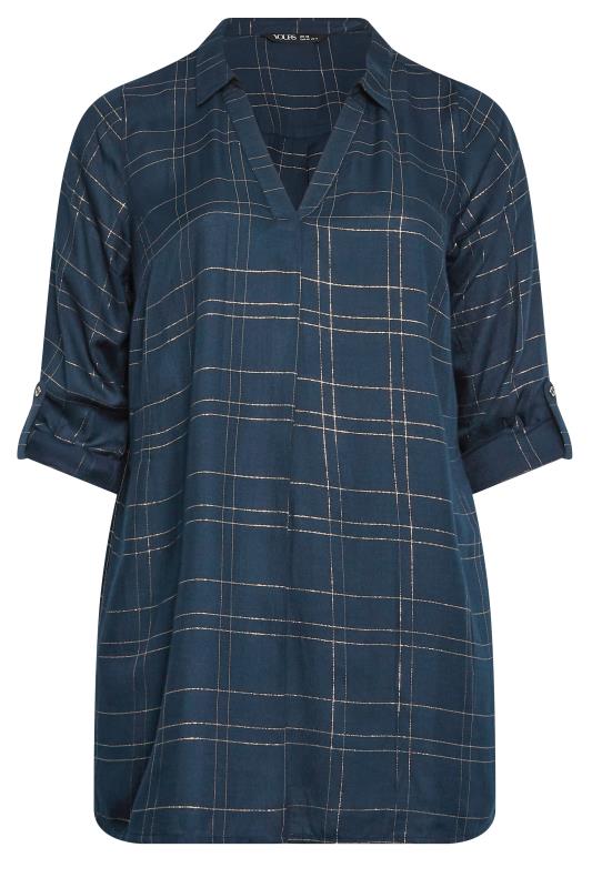 YOURS Curve Plus Size Navy Blue & Gold Check Print Shirt | Yours Clothing  6
