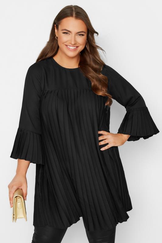 YOURS LONDON Plus Size Black Pleated Tunic Top | Yours Clothing  1