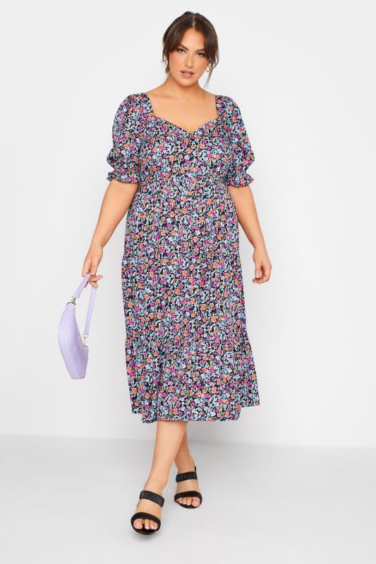 LIMITED COLLECTION Plus Size Black Floral Print Puff Sleeve Midi Dress | Yours Clothing 1