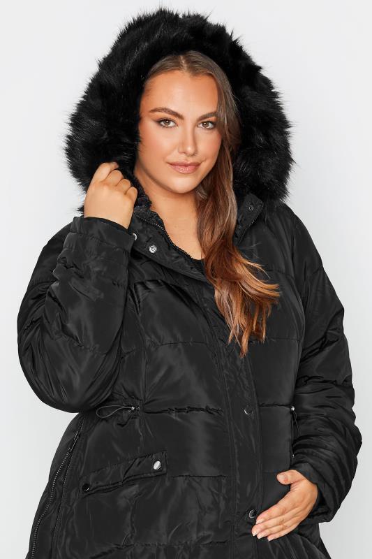 BUMP IT UP Maternity Plus Size Black Panelled Puffer Midi Coat | Yours Clothing 5