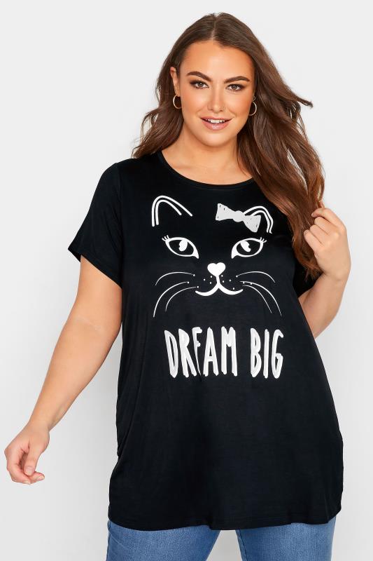 Curve Black 'Dream Big' Cat Printed T-Shirt_A.jpg