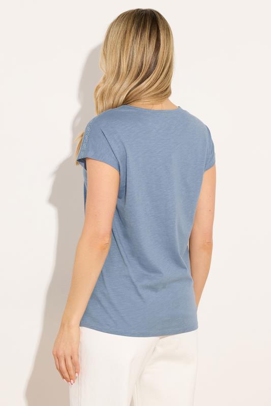 LTS Tall Women's Mid Blue Lace Cotton V-Neck T-Shirt | Long Tall Sally 2