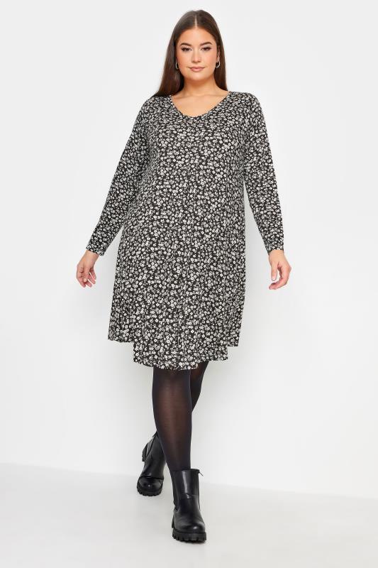 Plus Size  YOURS Curve Black & White Ditsy Floral Print Swing Dress