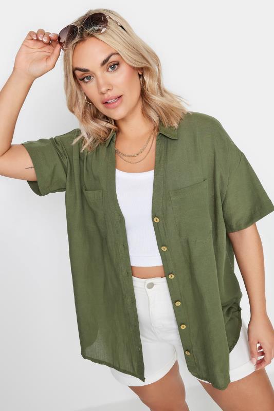 YOURS Plus Size Khaki Green Linen Shirt | Yours Clothing 1