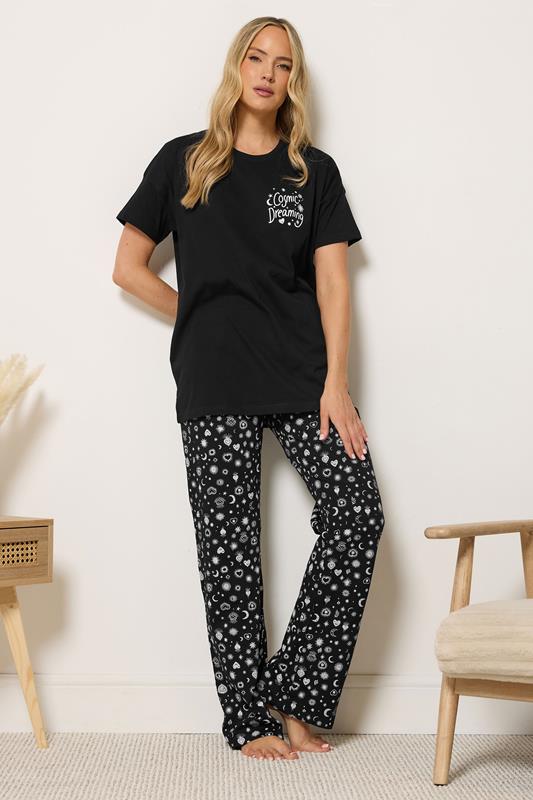 LTS Tall Women's Black 'Cosmic Dreaming' Slogan Cotton Wide Leg Pyjama Set | Long Tall Sally 1