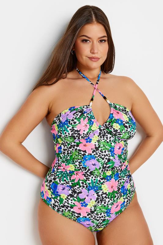 YOURS Plus Size White Floral Dalmatian Print Halter Neck Swimsuit | Yours Clothing 3