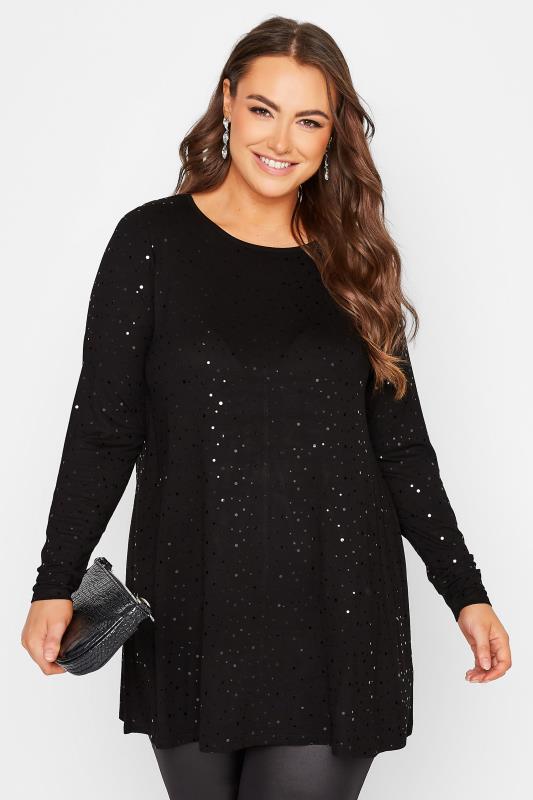 Plus Size Black Embellished Long Sleeve Swing Top | Yours Clothing 1