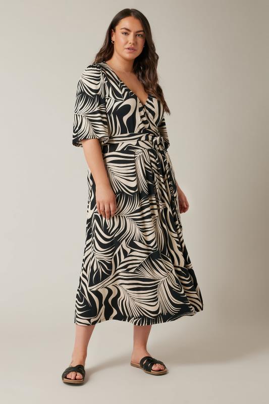 EVANS Plus Size Black Palm Print Wrap Midi Dress | Evans 2