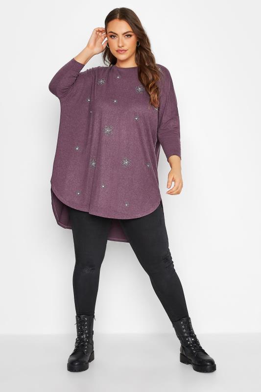 Plus Size Purple Diamante Star Back Pleat Top | Yours Clothing 2