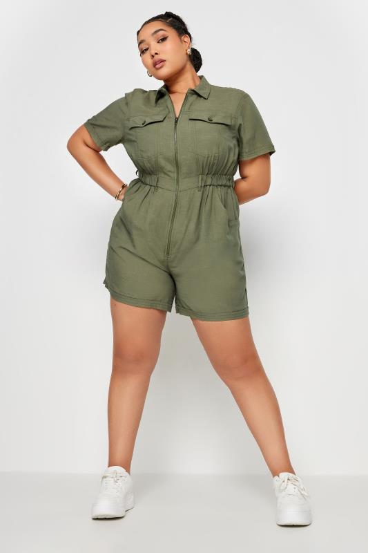 YOURS Plus Size Khaki Green Linen Look Utility Playsuit | Yours Clothing 3