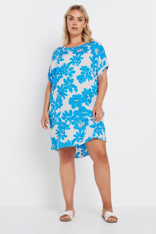 YOURS Plus Size Light Blue Floral Print Tunic Dress | Yours Clothing 1