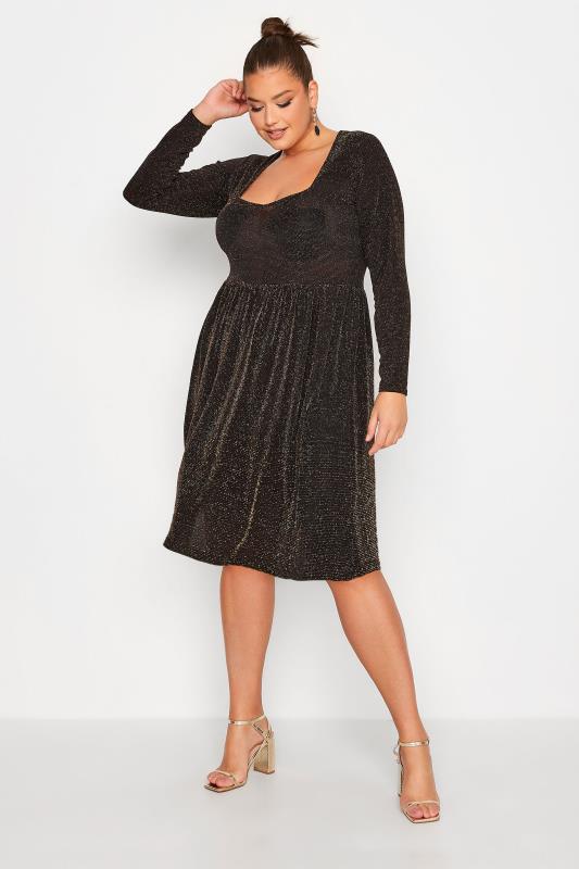 LIMITED COLLECTION Plus Size Black & Gold Glitter Sweetheart Neck Dress | Yours Clothing 2