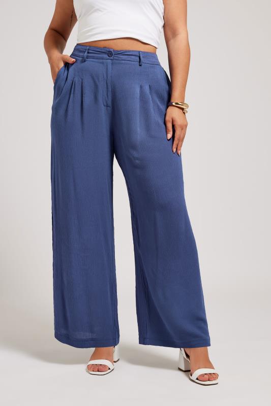 YOURS LONDON Plus Size Blue Pleat Front Wide Leg Trousers | Yours Clothing 1