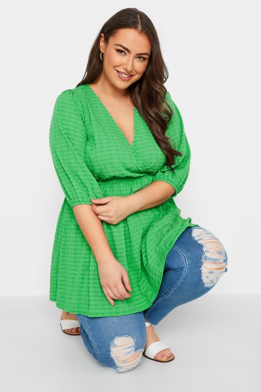 YOURS Curve Plus Size Green Textured Wrap Top | Yours Clothing  4