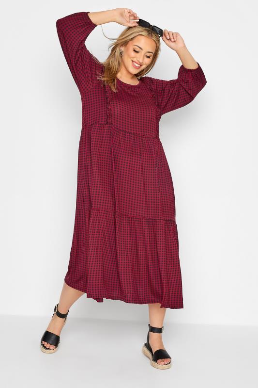 Plus Size  Curve Wine Red Check Tiered Midaxi Dress