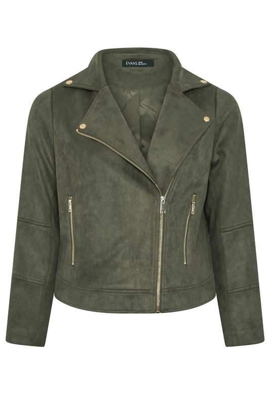 EVANS Plus Size Khaki Green Suedette Biker Jacket | Evans 5