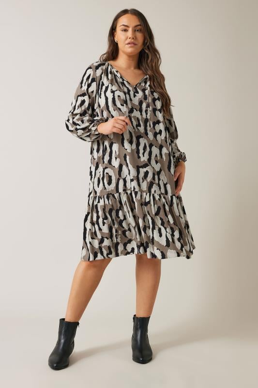  EVANS Curve Brown Animal Print Tiered Mini Dress