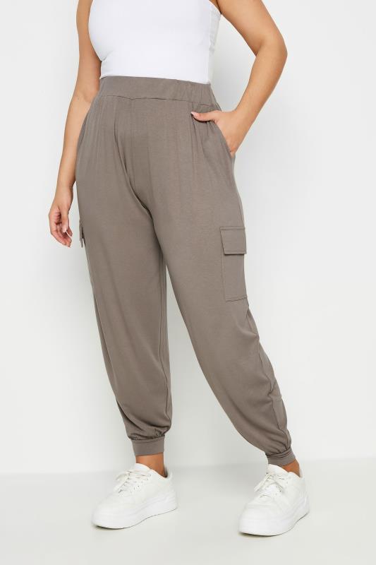 YOURS Plus Size Brown Cargo Pocket Harem Joggers | Yours Clothing 1