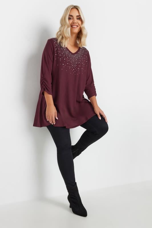 YOURS Plus Size Burgundy Red Diamante Stud Swing Top | Yours Clothing  2