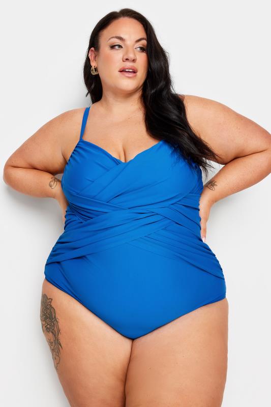 YOURS Plus Size Blue Double Crossover Tummy Control Swimsuit | Yours Clothing 1