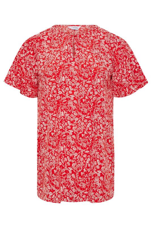 Curve Red Floral Print Frill Sleeve Keyhole Top 6
