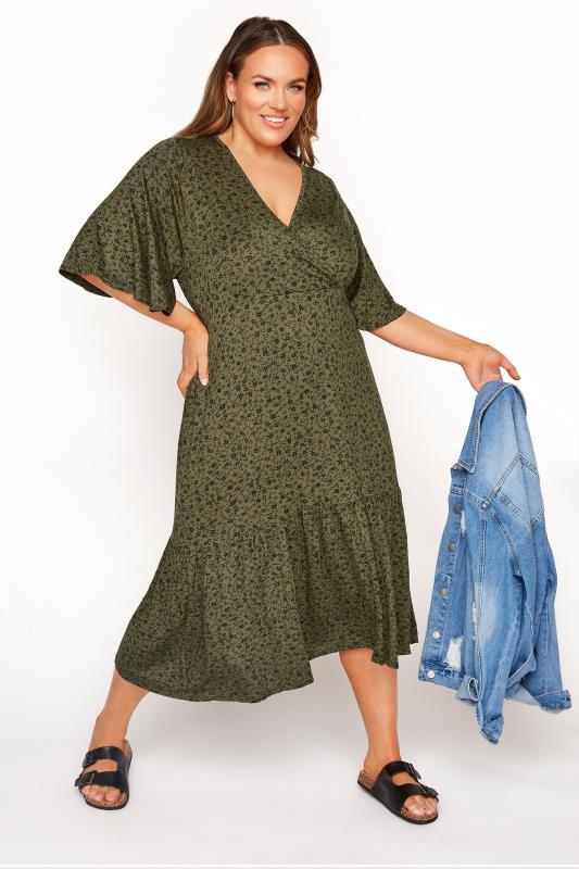 Plus Size Midi Dresses LIMITED COLLECTION Curve Khaki Green Floral Frill Hem Wrap Dress