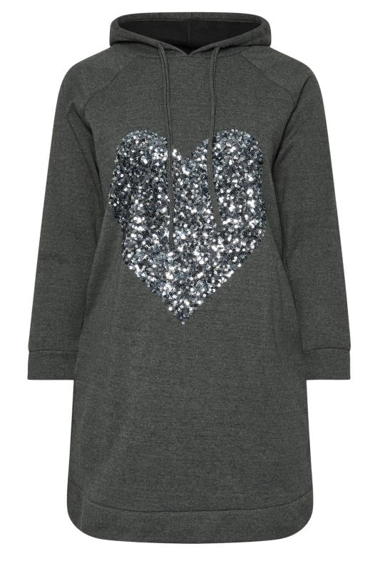 YOURS Plus Size Charcoal Grey Sequin Embellished Heart Hoodie Dress | Yours Clothing  5