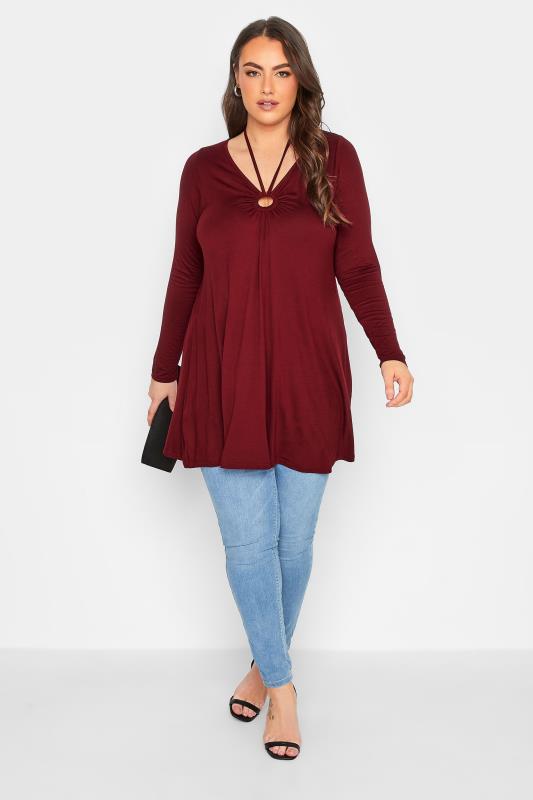Plus Size Berry Red Keyhole Tie Neckline Swing Top | Yours Clothing 2