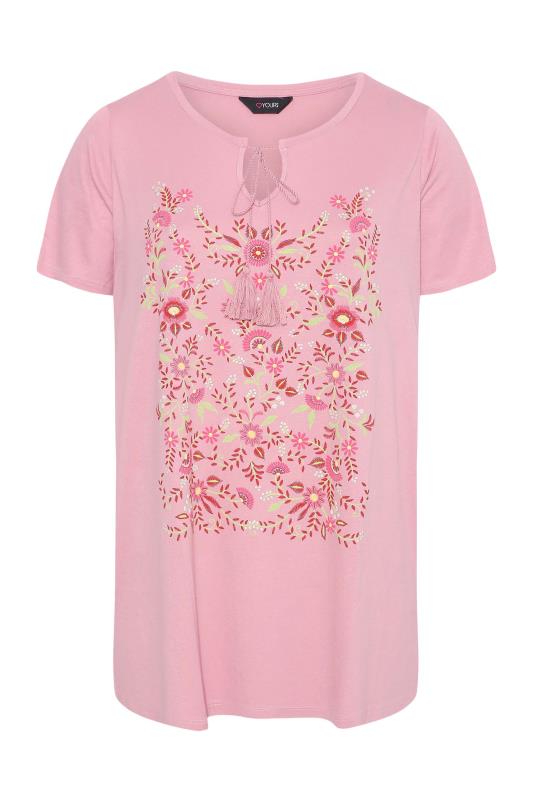 Curve Pink Floral Print Tie Neck T-Shirt 5