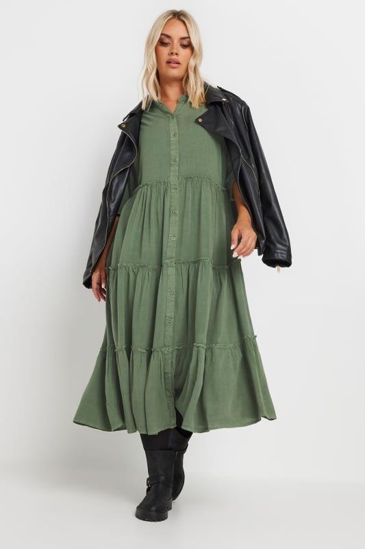  YOURS Curve Green Short Sleeve Tiered Chambray Midi Dress