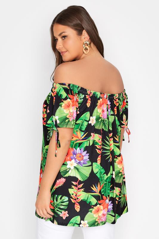 Plus Size Black Tropical Print Bardot Top | Yours Clothing  3