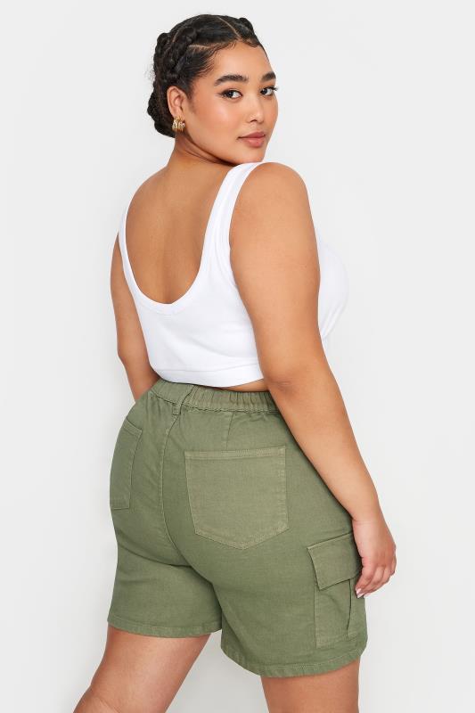 YOURS Plus Size Khaki Green Stretch Denim Cargo Shorts | Yours Clothing 3