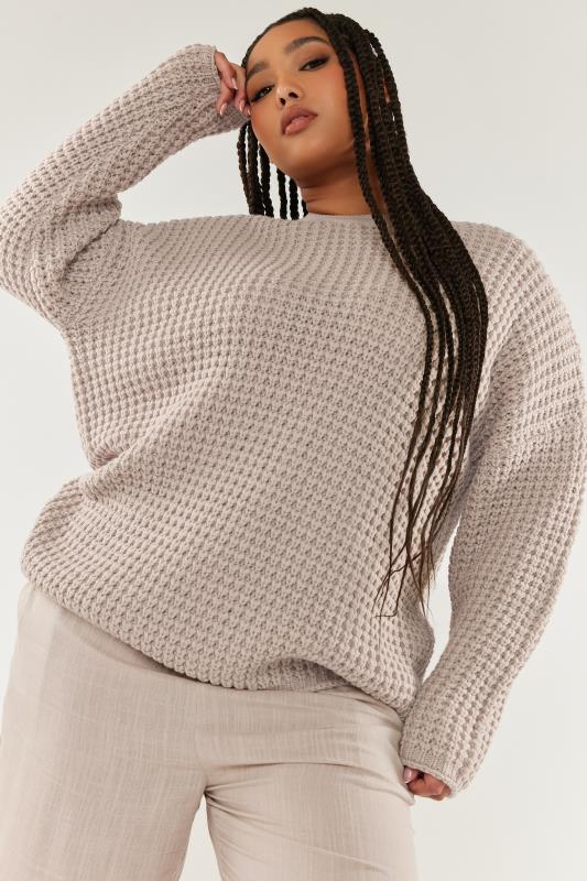 YOURS Plus Size Stone Brown Waffle Knit Jumper | Yours Clothing 2