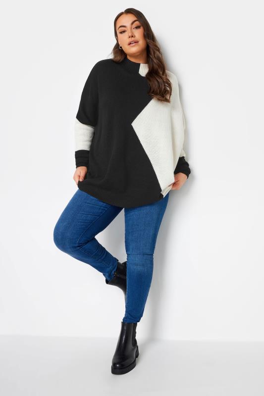 YOURS Plus Size Black & White Colourblock Knitted Jumper | Yours Clothing 2