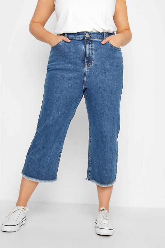  dla puszystych YOURS Curve Blue Stretch Wide Leg Cropped Jeans