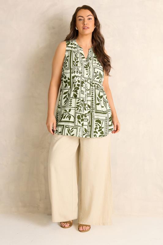 EVANS Plus Size Green Leaf Pintuck Sleeveless Shirt | Evans 2