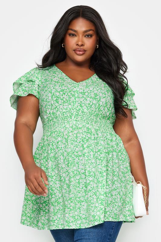 YOURS Plus Size Green Ditsy Print Flutter Sleeve Peplum Top | Yours Clothing 1