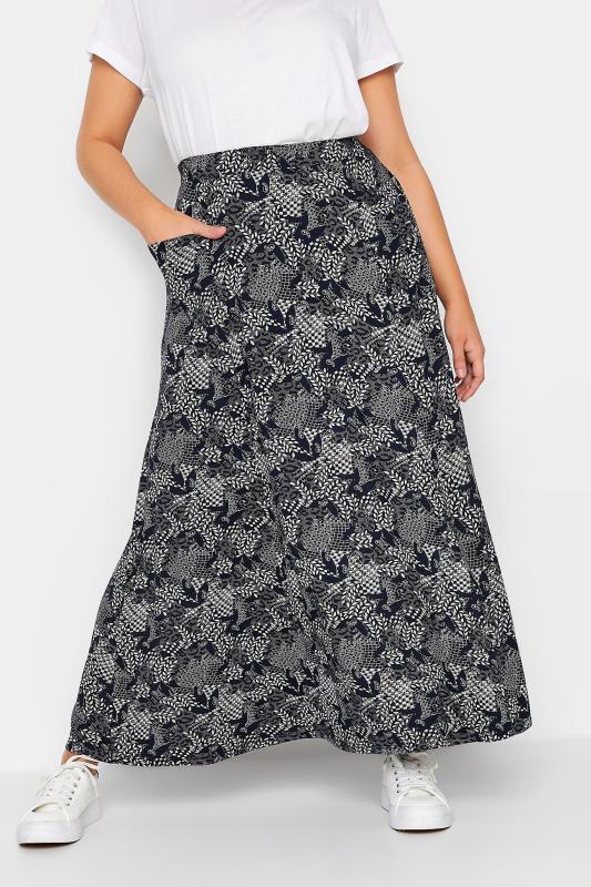 YOURS Plus Size Navy Blue Mixed Print Maxi Skirt | Yours Clothing 1