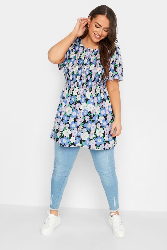 YOURS Plus Size Blue Floral Print Shirred Top | Yours Clothing 2